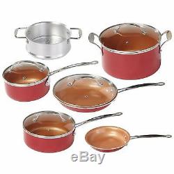 10 Pc Cookware Set RED COPPER Ceramic Non-Stick Cooking POTS and PANS With Lid