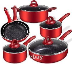 10-Piece Nonstick Cookware Kitchen Sets With Heat-Resistant Handle & Lid (Red)