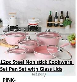 12pc Steel Non stick Cookware Set Pan Set with Glass Lids Kitchen Pots- PINK