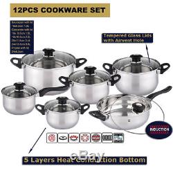 12pcs Deluxe Quality S/s Steel Casserole Stock Pot Pan Set Induction Cookware