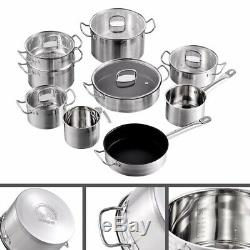 14 Pc Kitchen Cookware Set Stainless Steel Kitchen Cooking Pots Pans Glass Lids