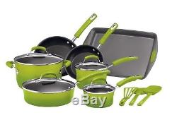 14 Piece Green Rachael Ray Cookware Set Nonstick Pan Pot Hard Enamel Skillet