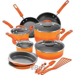 15 Piece Non Stick Cookware Set Kitchen Pots/Pans Orange Rachel Ray Hard Enamel