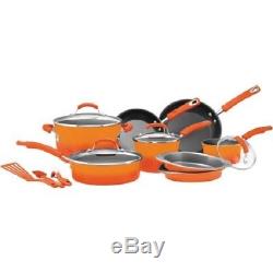 15 Piece Non Stick Cookware Set Kitchen Pots/Pans Orange Rachel Ray Hard Enamel