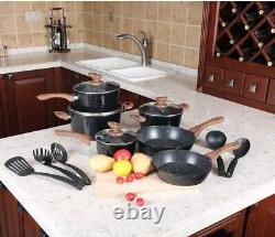 15 Pieces Nonstick Granite-Coated Induction Cookware Set Non-Stick Black