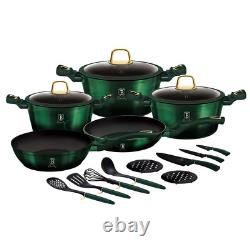 17 Piece Cookware Set Non-stick Pans Emerald Metallic Green with Gold