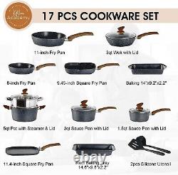 17 Piece Hammered Cookware Set Nonstick Granite Coated Pots and Pans Set Black