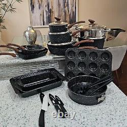 30 Piece Cookware Set Nonstick Kitchen Cooking Pots Black Granite Pots and Pans