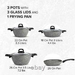 3 Pots 1 Pan Set Granite Cookware Non-Stick Coating with Glass Lids Premium