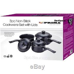 3pc Non Stick Cookware Set Saucepan Pot With Lid Fry Frying Pan Black
