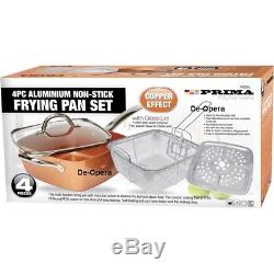 4pc Aluminium Non Stick Frying Pan Set Chip Pan Oven Basket Pot With Glass LID