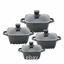 4pc Square Marble Coated Non Stick Die Cast Stockpot Casserole Cooking Pot