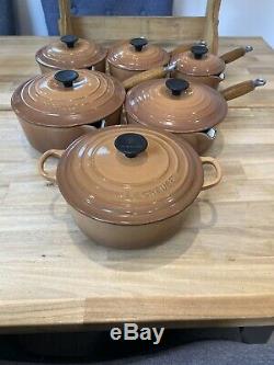 6 Le Creuset Pans Set Chestnut Brown cast Iron / Lids /Wooden Stand 14 22 POST