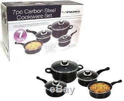 7pc Cookware Set Steel Pan Pot Carbon Non Stick Saucepan Glass LID Kitchen Fry