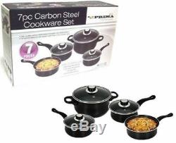 7pc Non Stick Cookware Set Steel Pan Pot Carbon Saucepan Glass LID Kitchen Black