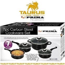 7x PC CARBON STEEL BLACK Cookware Set NON-STICK Saucepan Pot KITCHEN UK FREE P&P