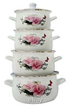 8 Pc Enamel Cookware Set Casserole Pots Lid Soup Stockpot Flowers White Pan Pink
