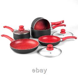8pc Red Non Stick Induction Stone Pan Set Saucepan Frying Pan Pot Cookware New