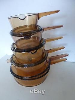 9 x Piece Vision Corning Amber Glass Sauce Pan Set UNUSED