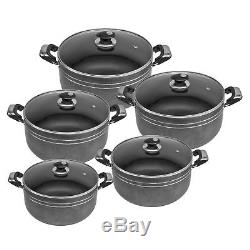 BLACK UNA Non Stick 5pc Die Cast Casserole Stockpot Soup Cooking Pot Pan Set