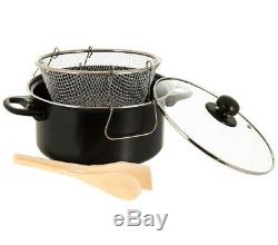 Black Non Stick Chip Pan Set Fryer Deep Fat Frying Basket Pot W Glass LID 2 Ltr