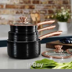 Black Rose Gold Saucepan Set 3 Cooking Pans Ceramic Coated Non Stick Easy Clean