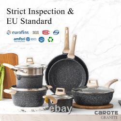 Carote Nonstick Pots and Pans Set, 11 Pcs Granite Stone Cookware Sets Black
