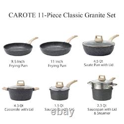 Carote Nonstick Pots and Pans Set, 11 Pcs Granite Stone Cookware Sets Black