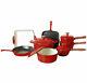 Cast Iron Cookware Set of 8 With Enamel Coating Hob & Oven Safe Red