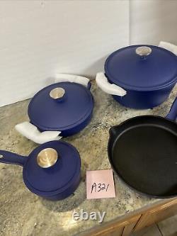 Cast-Iron Elite Nonstick Cook's Essentials 7pc Cookware Set Dutch Oven Pan Blue