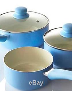 Ceramic 3 Piece Non Stick Saucepan Set Pans Blue Induction Cookware Pots