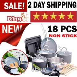 Ceramic Cookware Pots And Pans Cooking Set With Non-Stick Griddle 18 Pieces NEW