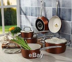 Ceramic Nonstick Dishwasher Oven Safe Copper Finish 10pc Pot Pan Cookware Set