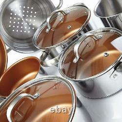 Cermalon 8 Pc Stainless Steel Non-Stick Copper Pan Set with 3 Glass Lids Steamer