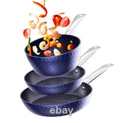 Cooking Frying Pan Sets Non Stick 3Pieces Blue 3D Diamond Cookware
