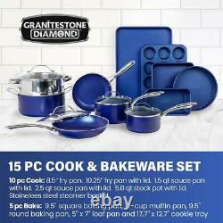 Cookware Bakeware Set Blue Aluminum Ultra-Durable Non-Stick Diamond Infused 15pc