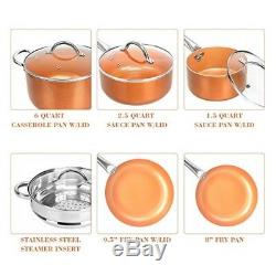 Cookware Set 10 Piece Copper Pots Pans Nonstick Aluminum Cooking Gift New