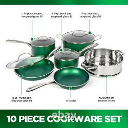 Cookware Set 10-Piece Non-Stick Diamond Infused Aluminum Pan Glass Lid Green