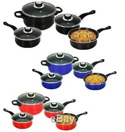 Cookware Set Steel Pan Pot Carbon 7pc Non Stick Saucepan Glass LID Kitchen Fry