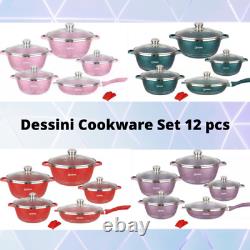 Die Casting 12pc Steel Non stick Cookware Set Pan Set with Glass Lids Kitchen UK
