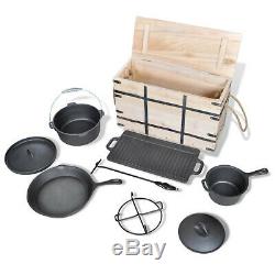 Dutch Oven Set Sauce Pot Fry Pan with Lids Wooden Box Lid Lifter 9 Pieces Kit