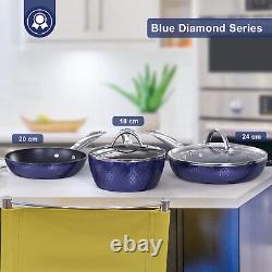 Frying Pan Sets Non Stick 3Pieces Blue 3D Diamond Cookware