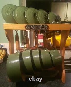 Genuine Le Creuset Pan Set Green Cast Iron Saucepans Pots With Lids & Stand