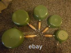 Genuine Le Creuset Pan Set Green Cast Iron Saucepans Pots With Lids & Stand