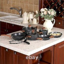 Granite Coated Pots & Frying Pans Set 12 Pcs Non Stick Cookware Bakelite Black