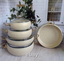 Granite Cookware Set Non-Stick Pot Pan Glass Lid Cooking Frypans 9 PCS Ruby Gold