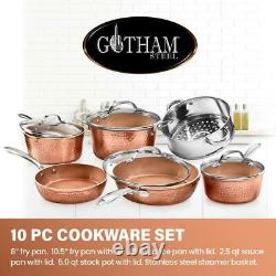 Hammered Copper 10-Piece Aluminum Non-Stick Cookware Set with Glass Lids