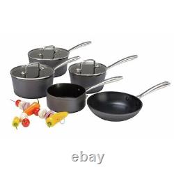 Home Hard-Anodised 5-Piece Pan Set Black Saucepan Frying Pan Milk 3 Lids