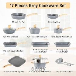 Kitchen Academy 17 Piece Non-Stick Pots and Pans Set, Induction Pan Set, Granite