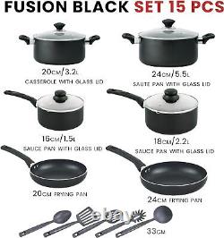 Kitchen King 15 Pieces Pots and Pans Cooking Set with Lids Non Stick Black